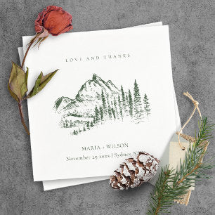Rustic Green Pine Woods Mountain Sketch Wedding Napkins