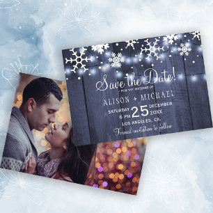 Rustic snowflakes winter photo wedding save date save the date