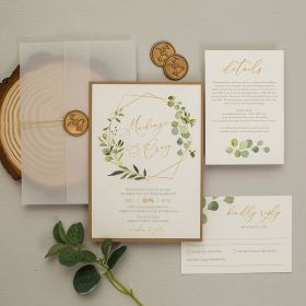 Rustic Wedding Invitations Watercolor Wreath With Vellum Jacket Green Leaf Wax Seal And Thread Swpi123