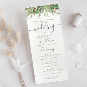 Rustic Winter Greenery Berries Pine Cone Wedding Program