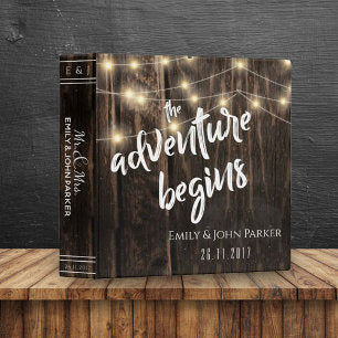 Rustic Wood "Adventure Begins" Keepsake Wedding 3 Ring Binder