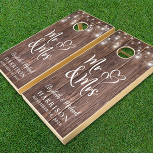Rustic Wood String Lights Wedding Cornhole Set
