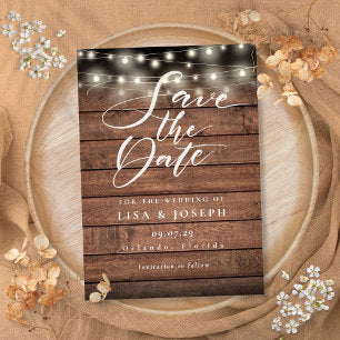 Rustic Wood String Lights Wedding Save the Date