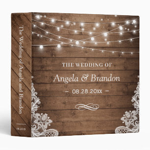 Rustic Wood Twinkle Lights Lace Wedding 3 Ring Binder