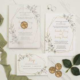 Refreshing Sage Green Gold Frame Wedding Invitation With Vellum Wrap And Wax Seal Swpi126