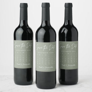 Sage Green Save the Date Calendar Minimalist Wine Label