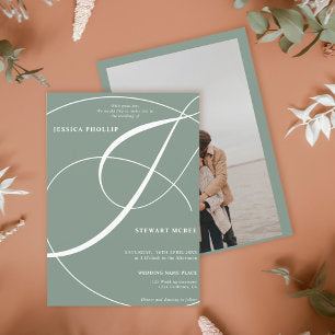 Script sage green photo calligraphy wedding invitation