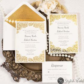 Flat Laser Cut Wedding Invitation With Reflective Mirror Gold Backing Card Sfws002