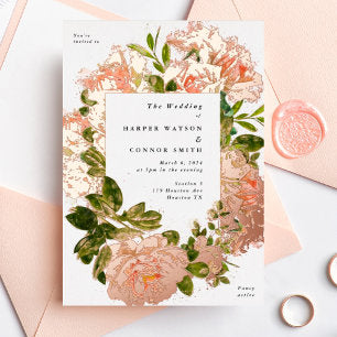 Shimmering Rose Gold Romance Watercolor Wedding Foil Invitation