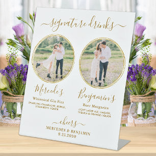 Signature Drinks Custom Photo Gold Wedding Bar Pedestal Sign
