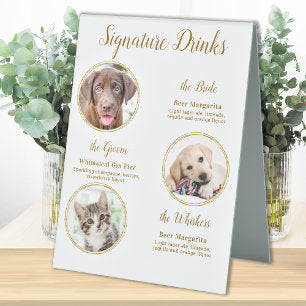 Signature Drinks Elegant Gold Pet Wedding 3 Photos Table Tent Sign