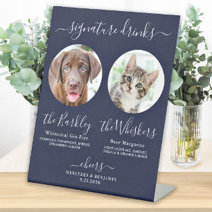 Signature Drinks Pet Dog Wedding Photo Navy Blue Pedestal Sign