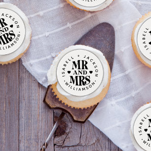 Simple Custom Name Mr Mrs Wedding Heart Favor Edible Frosting Rounds