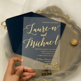 Simple Modern Clear Gold Screen Printing Acrylic Wedding Invitations CA041
