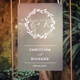 Simple White Acrylic Wedding Welcome Signs with circle leaf Monogram CS044