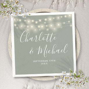 String Lights Signature Script Sage Green Wedding Napkins