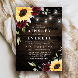 Sunflower Burgundy Rose Mason Jar Themed Wedding Invitation