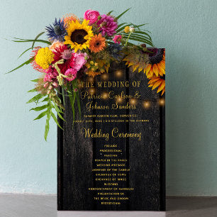 Sunflower rustic wood gold script wedding program flyer