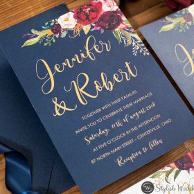 Boho Navy Blue And Burgundy Floral Watercolor Wedding Invitations Swi059