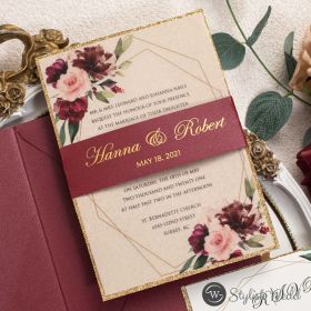 Elegant Affordable Boho Burgundy Floral Vellum Wedding Invitations With Gold Backing Cards Swi064