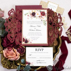 Classic Burgundy Blush Floral Laser Cut Wedding Invitation With Glittery Belly Band Swws149