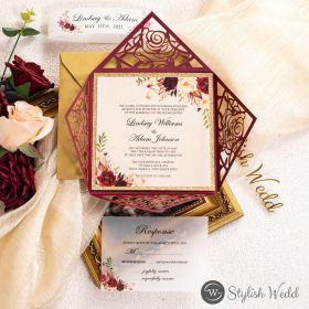 Personalized Floral Burgundy Laser Cut Wedding Invitations With Vellum Belly Band Swws151