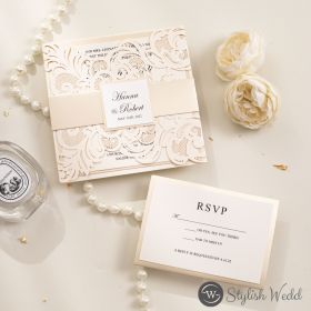 Classy Ivory Laser Cut Wedding Invitations With Mirror Belly Band And Tag Swws154