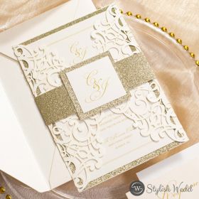 Chic And Modern Laser Cut Wedding Invitations With Glitter Belly Band Swws161
