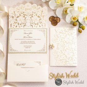 Formal Elegant Ivory And Champagne Gold Glittery Pocket Wedding Invitations With Pearl Swws167
