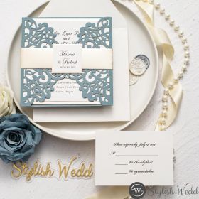 Classy Dusty Blue Laser Cut Wedding Invitations With Mirror Belly Band And Tag Swws173