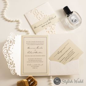 Cathedral Dreams-Ivory Laser Cut And Embossed Pocket Fold Invitation With Printed Belly Band Swws176
