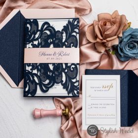 Elegant Navy Blue Laser Cut Wedding Invitations With Pink Belly Band Swws190