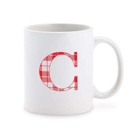 Custom Printed White 11 oz. Ceramic Coffee Mug - Buffalo Plaid Initial
