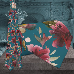 Teal Blue & Burgundy Raspberry Pink Peony Wedding Neck Tie