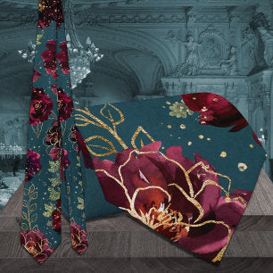 Teal Bordeaux Jewel Tones Gold Wedding Neck Tie
