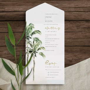 Tropical Beach Palm Trees Watercolor Wedding All In One Invitation