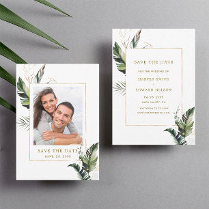 Tropical Foliage Gold Wedding Photo Save the Date