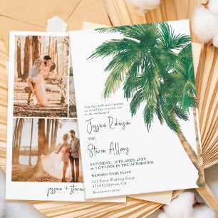 Tropical greenery script palm tree 3 photo wedding invitation
