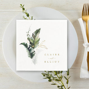 Tropical Watercolor Foliage Gold Wedding Napkins