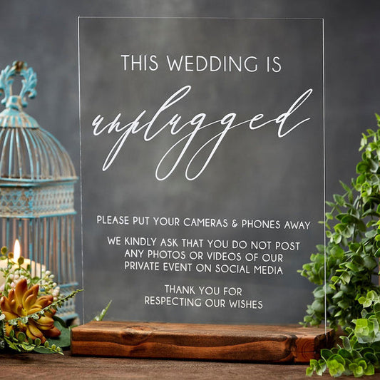 Unplugged Wedding Clear Acrylic Sign in Elegant Script
