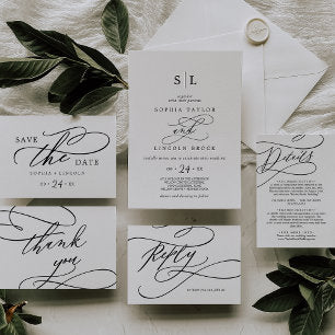 Romantic Calligraphy Flourish Monogram Wedding Invitation