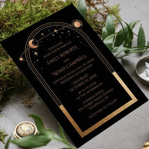 Celestial Black Gold Sun Moon Astronomy Wedding Invitation