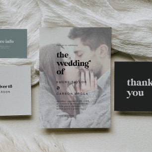 Modern Black Typography Faded Photo Wedding Invitation