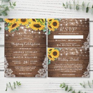 Rustic Sunflower String Lights Summer Fall Wedding Invitation