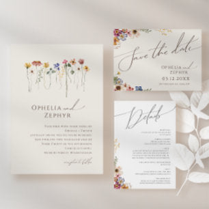 Colorful Wildflower Beige Monogram Photo Wedding Invitation