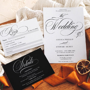 Chic black white all in one calligraphy wedding invitation
