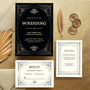 Modern Deco Elegant Wedding Black and Gold Foil Invitation
