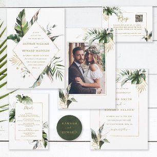 Tropical Leaves Gold Wedding RSVP with QR Code Enclosure Card