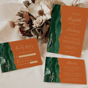 Emerald Green Gold Agate Rust Wedding Details Enclosure Card