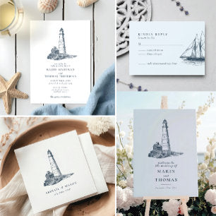 Nautical Seaside Lighthouse Dark Blue Wedding Napkins
